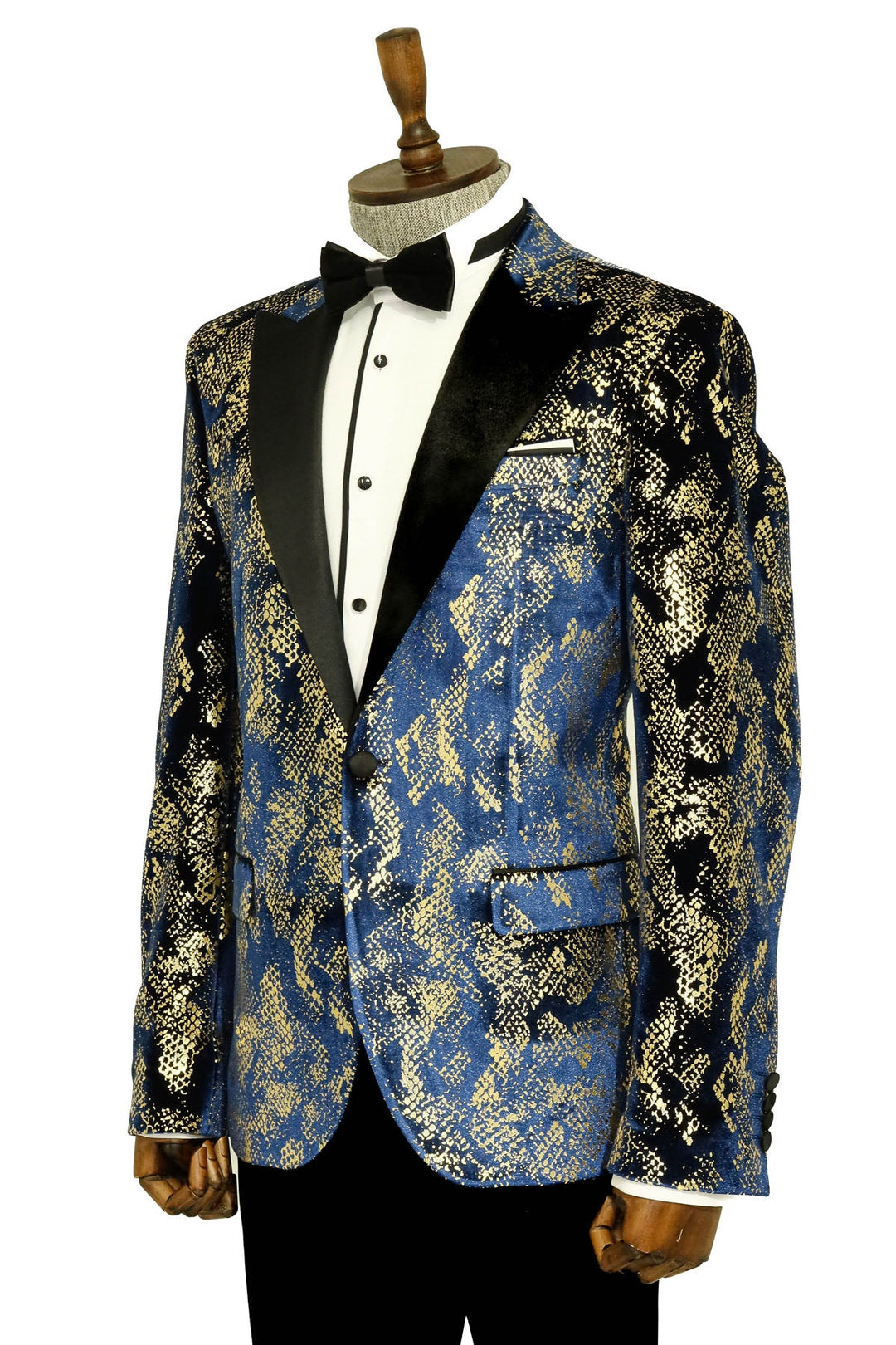 WSS Peak Lapel Slim Fit Gold Patterned Navy Blue Men Prom Blazer - Singen