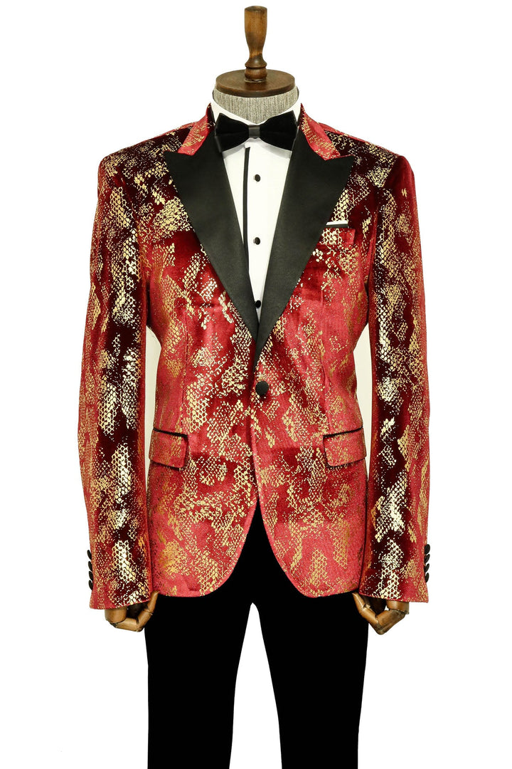 WSS Peak Lapel Slim Fit Gold Patterned Burgundy Men Prom Blazer - Singen