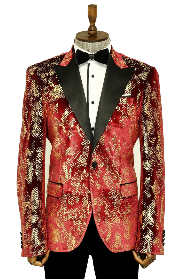 WSS Peak Lapel Slim Fit Gold Patterned Burgundy Men Prom Blazer - Singen