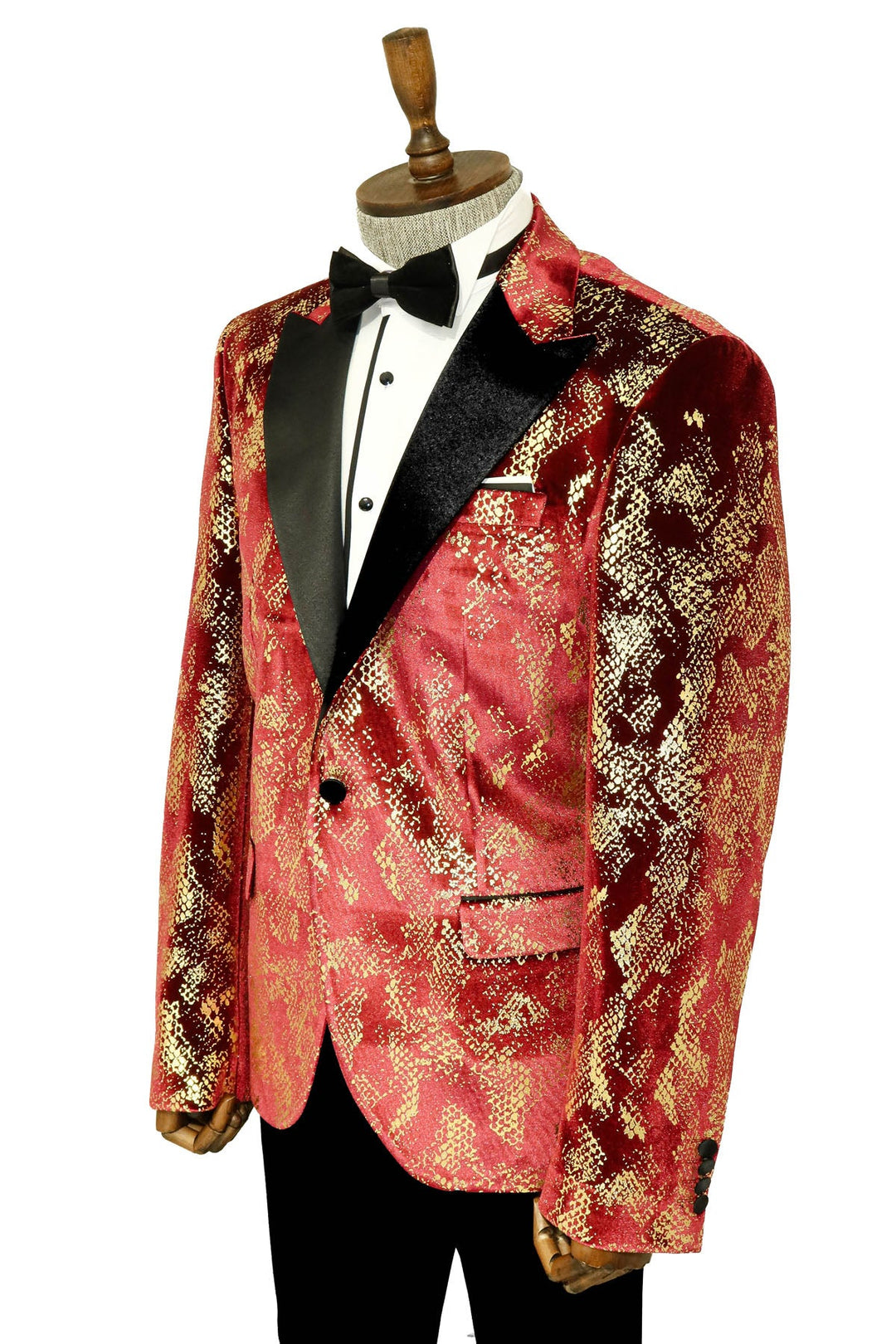 WSS Peak Lapel Slim Fit Gold Patterned Burgundy Men Prom Blazer - Singen