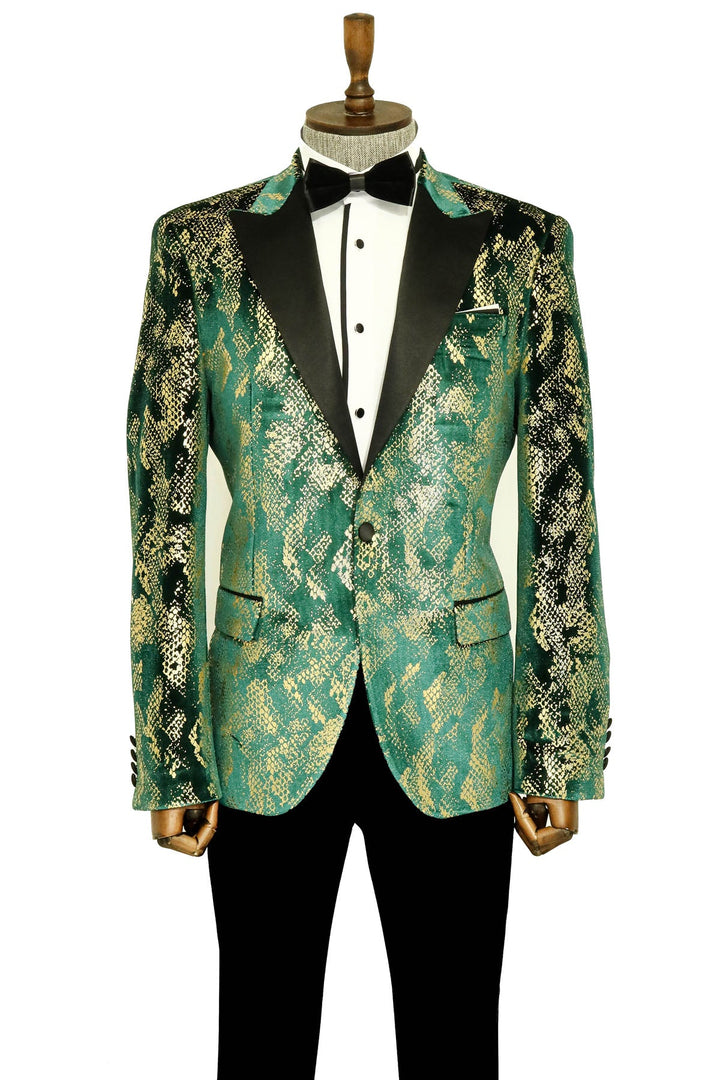 WSS Peak Lapel Slim Fit Gold Patterned Green Men Prom Blazer - Singen