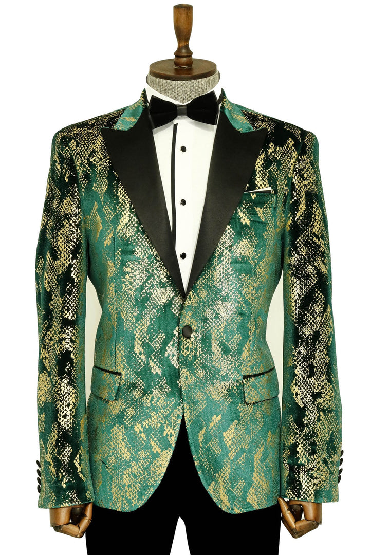 WSS Peak Lapel Slim Fit Gold Patterned Green Men Prom Blazer - Singen