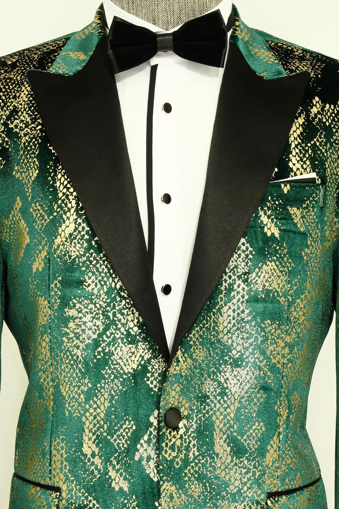 WSS Peak Lapel Slim Fit Gold Patterned Green Men Prom Blazer - Singen