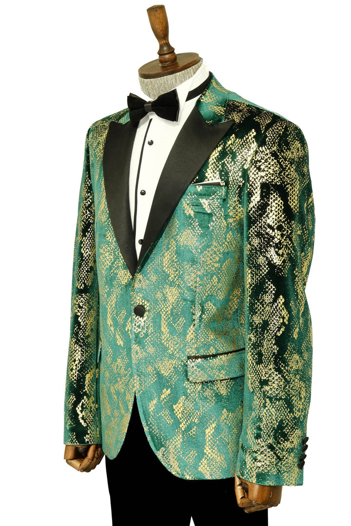 WSS Peak Lapel Slim Fit Gold Patterned Green Men Prom Blazer - Singen