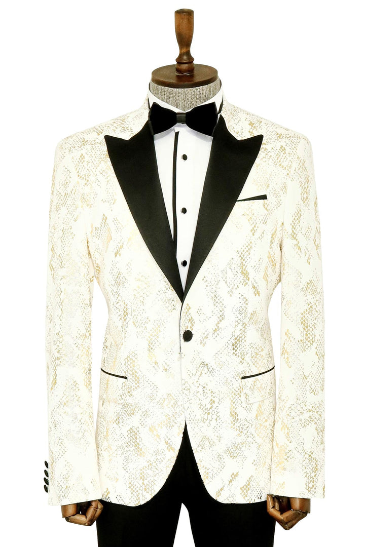 WSS Peak Lapel Slim Fit Gold Patterned White Men Prom Blazer - Singen