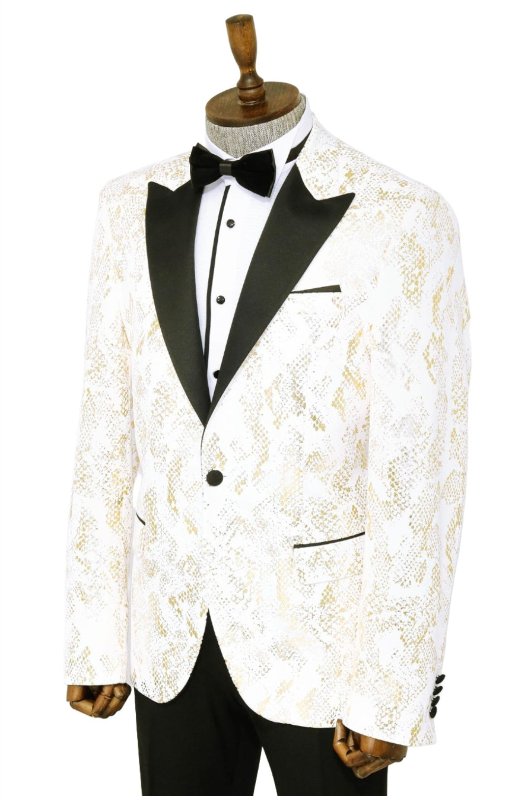 WSS Peak Lapel Slim Fit Gold Patterned White Men Prom Blazer - Singen