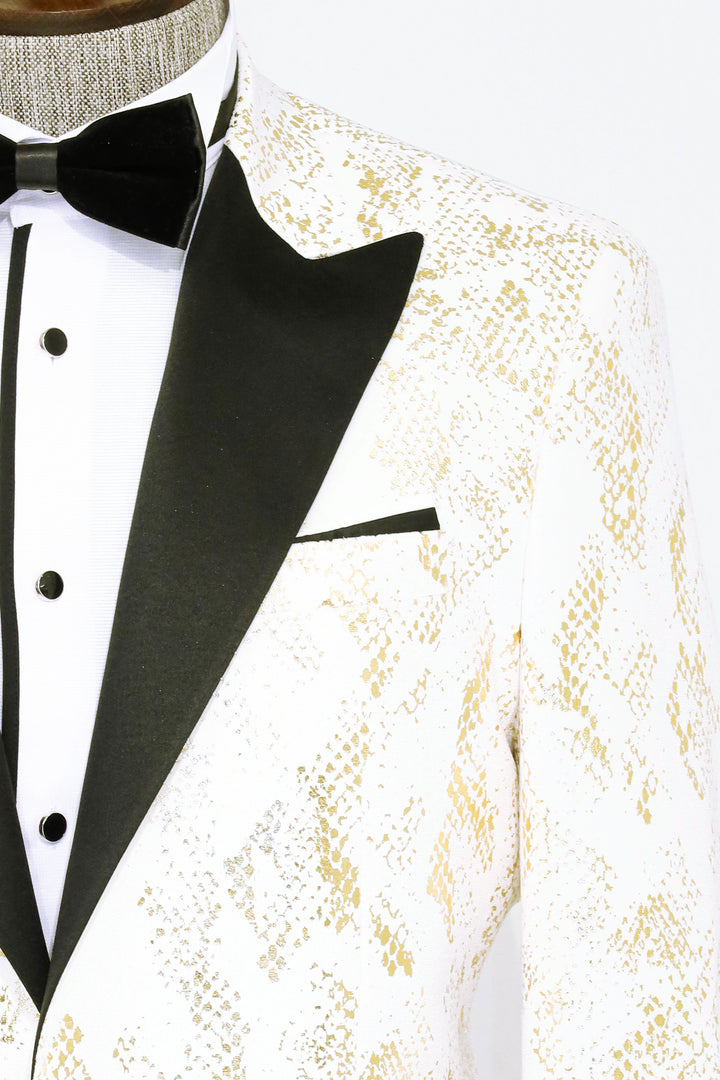 WSS Peak Lapel Slim Fit Gold Patterned White Men Prom Blazer - Singen