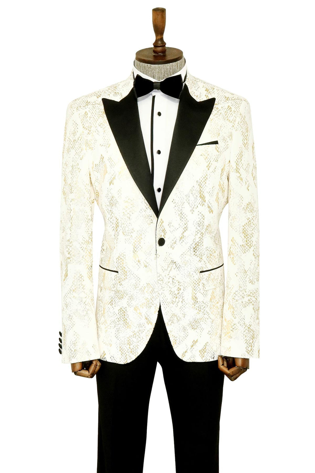 WSS Peak Lapel Slim Fit Gold Patterned White Men Prom Blazer - Singen