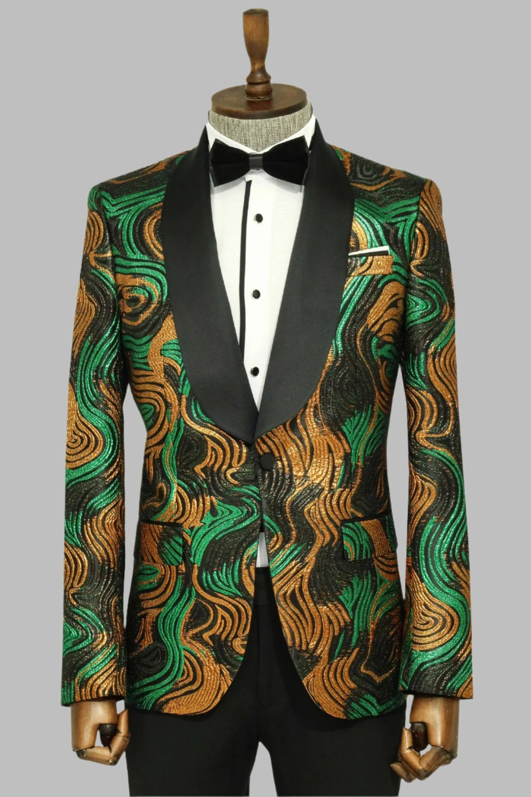 WSS Gold-Green Patterned Over Black Men Prom Blazer  - Singen