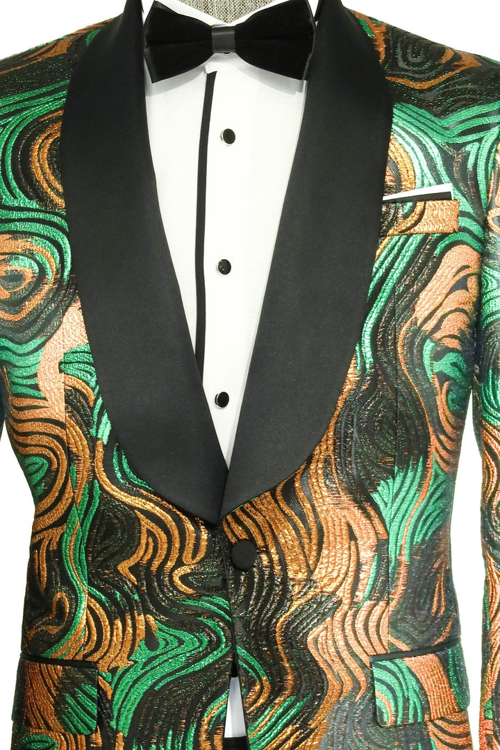 WSS Gold-Green Patterned Over Black Men Prom Blazer  - Singen