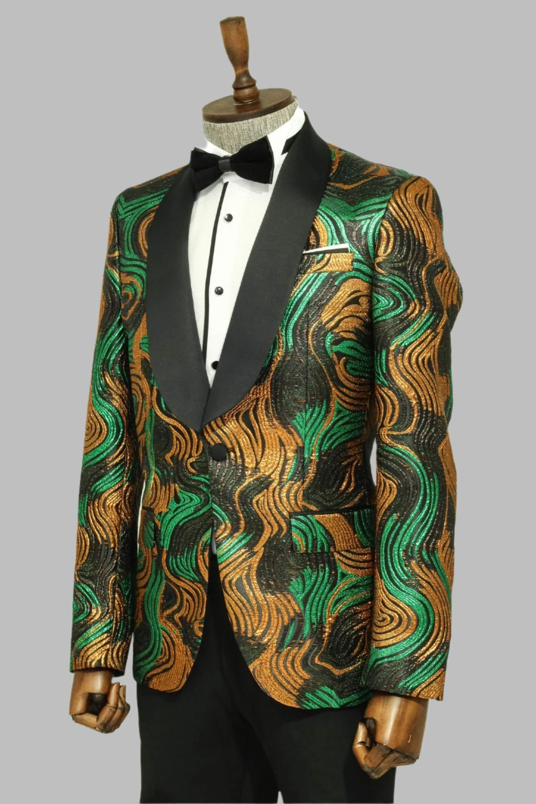 WSS Gold-Green Patterned Over Black Men Prom Blazer  - Singen