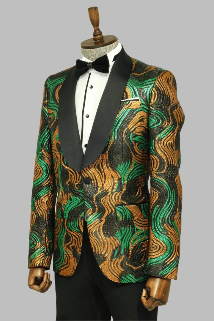 WSS Gold-Green Patterned Over Black Men Prom Blazer  - Singen