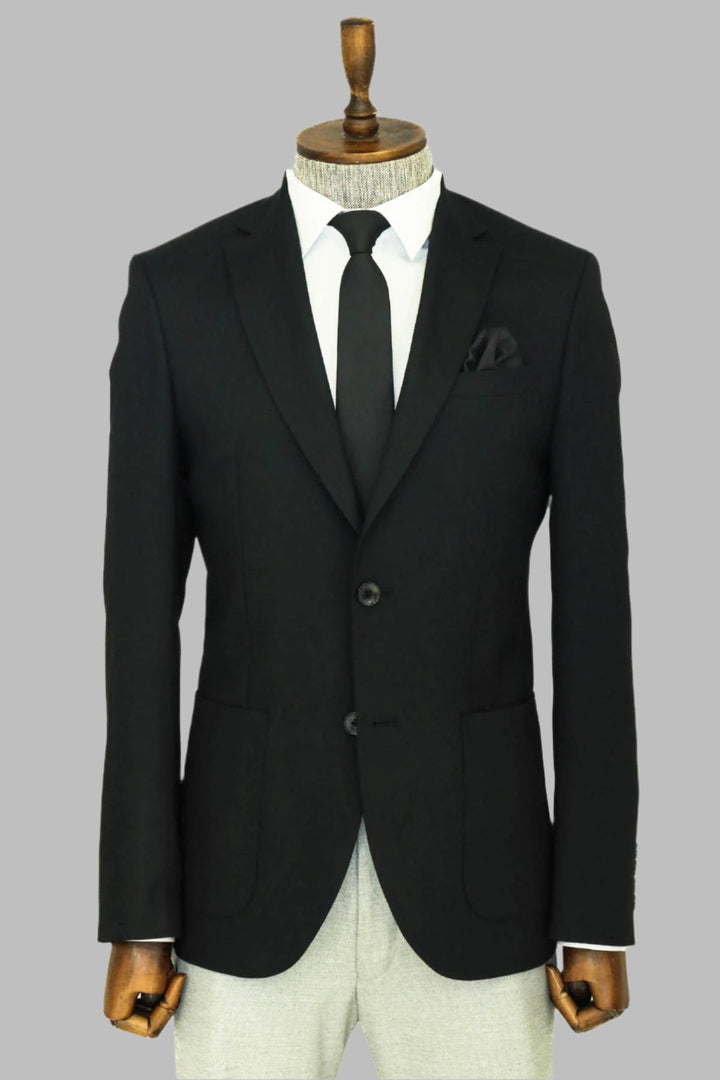 WSS Textured Slim Fit Peak Lapel Black Men Blazer  - Singen