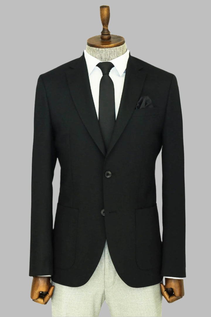 WSS Textured Slim Fit Peak Lapel Black Men Blazer  - Singen