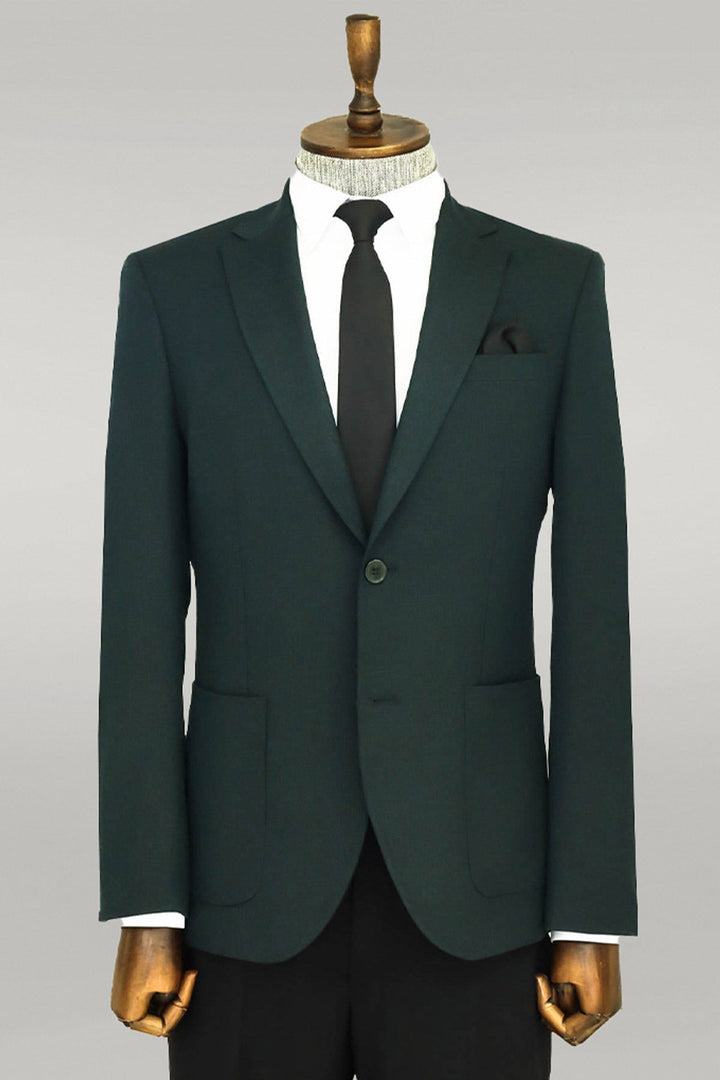 WSS Textured Slim Fit Peak Lapel Green Men Blazer  - Singen