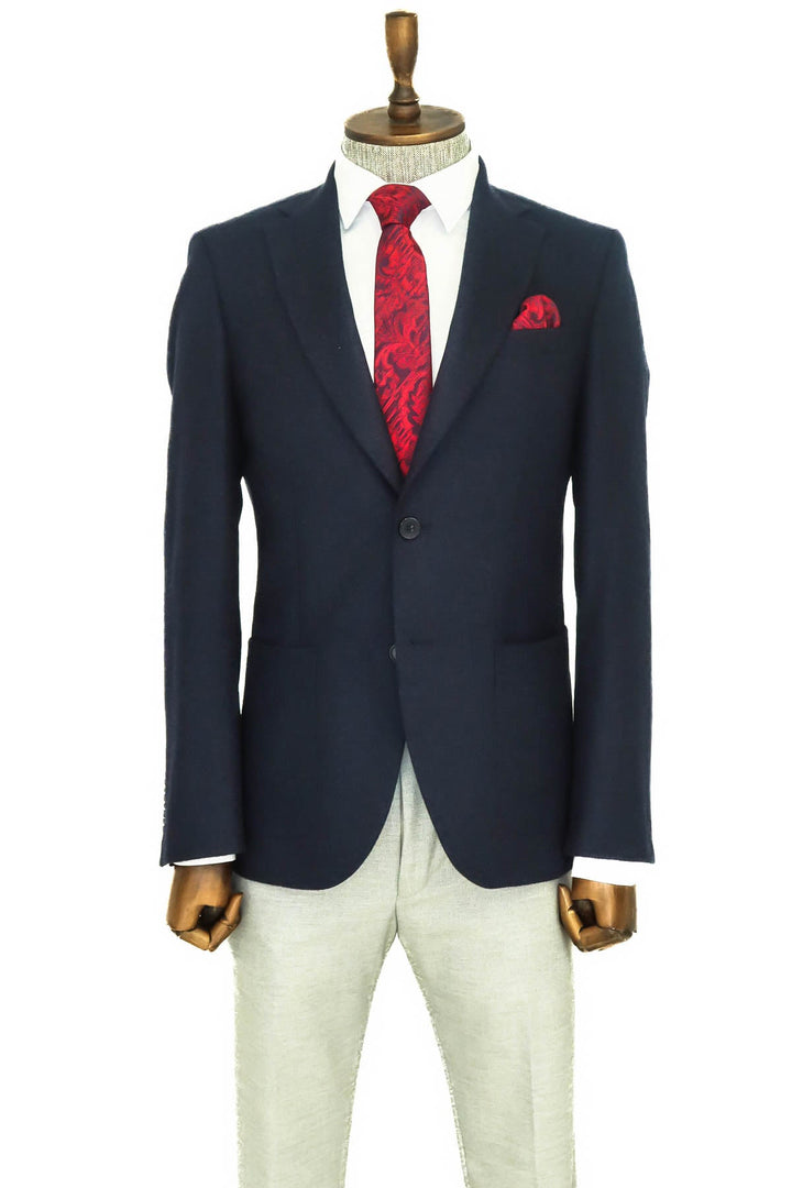 WSS Slim Fit Plain Wide Lapel Navy Blue Men Wool Blazer  - Singen