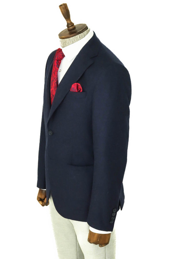 WSS Slim Fit Plain Wide Lapel Navy Blue Men Wool Blazer  - Singen