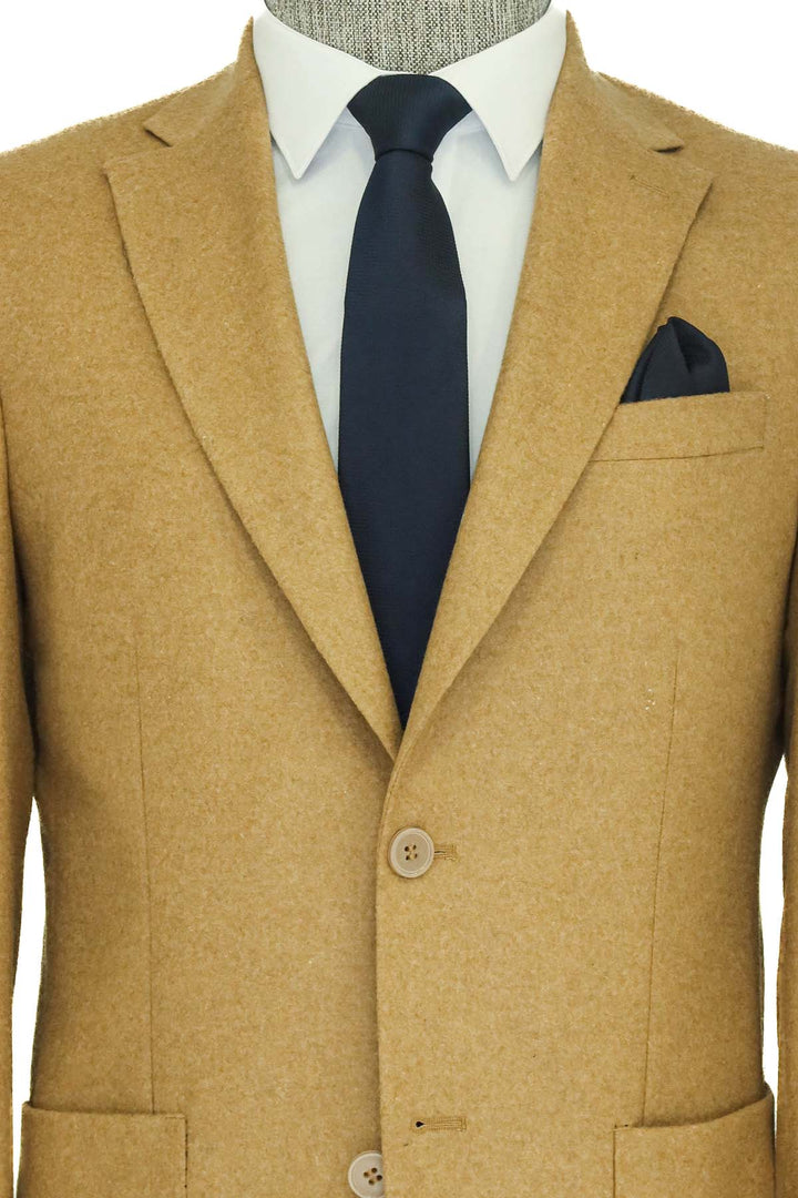 WSS Slim Fit Plain Wide Lapel Tan Men Wool Blazer  - Singen