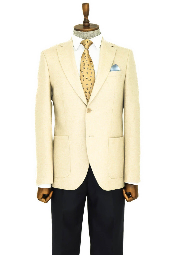 WSS Slim Fit Plain Wide Lapel Cream Men Wool Blazer  - Singen