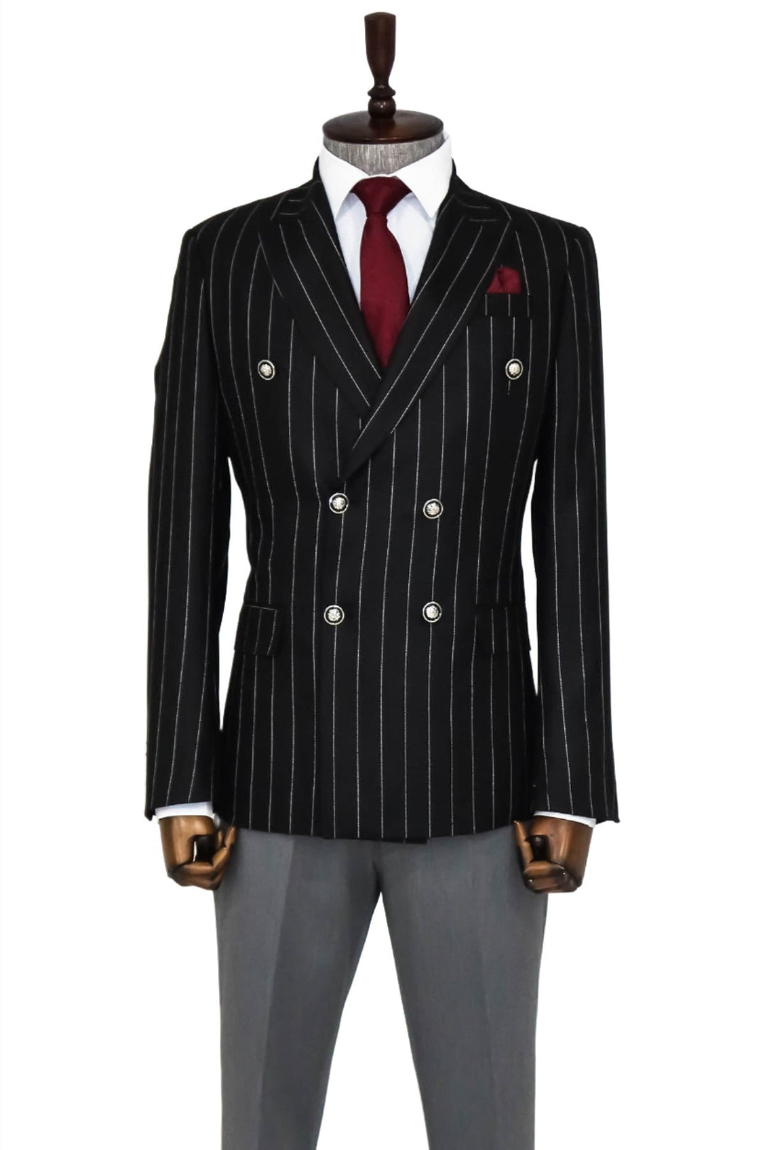 WSS Double Breasted Slim Fit Striped Black Men Blazer  - Singen