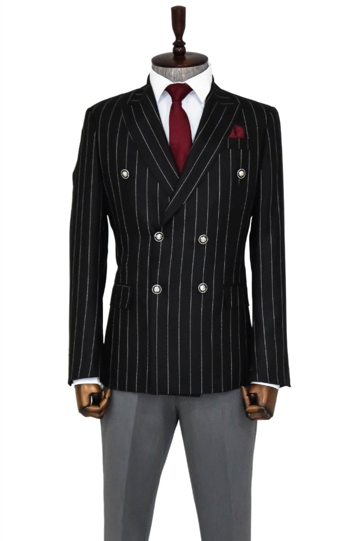 WSS Double Breasted Slim Fit Striped Black Men Blazer  - Singen