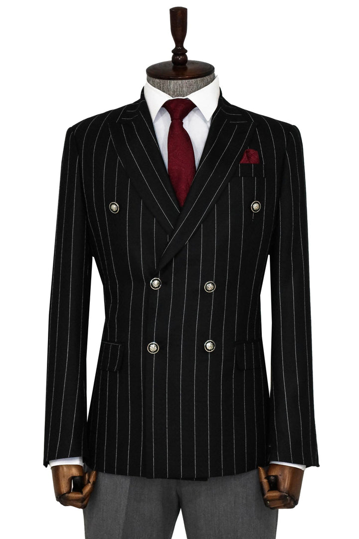 WSS Double Breasted Slim Fit Striped Black Men Blazer  - Singen