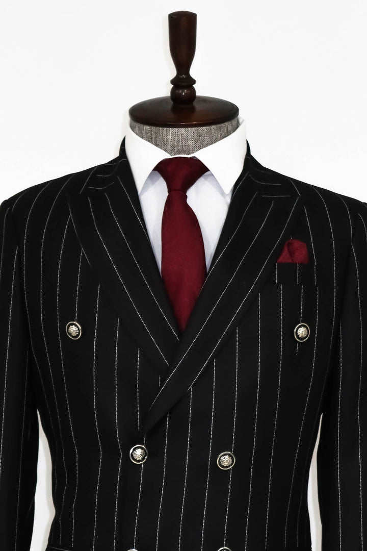 WSS Double Breasted Slim Fit Striped Black Men Blazer  - Singen