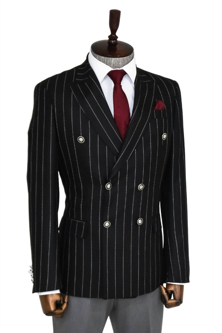 WSS Double Breasted Slim Fit Striped Black Men Blazer  - Singen