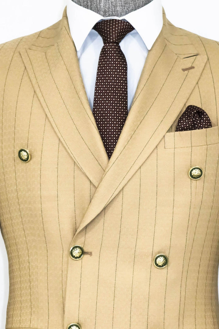 WSS Double Breasted Slim Fit Striped Cream Men Blazer  - Singen