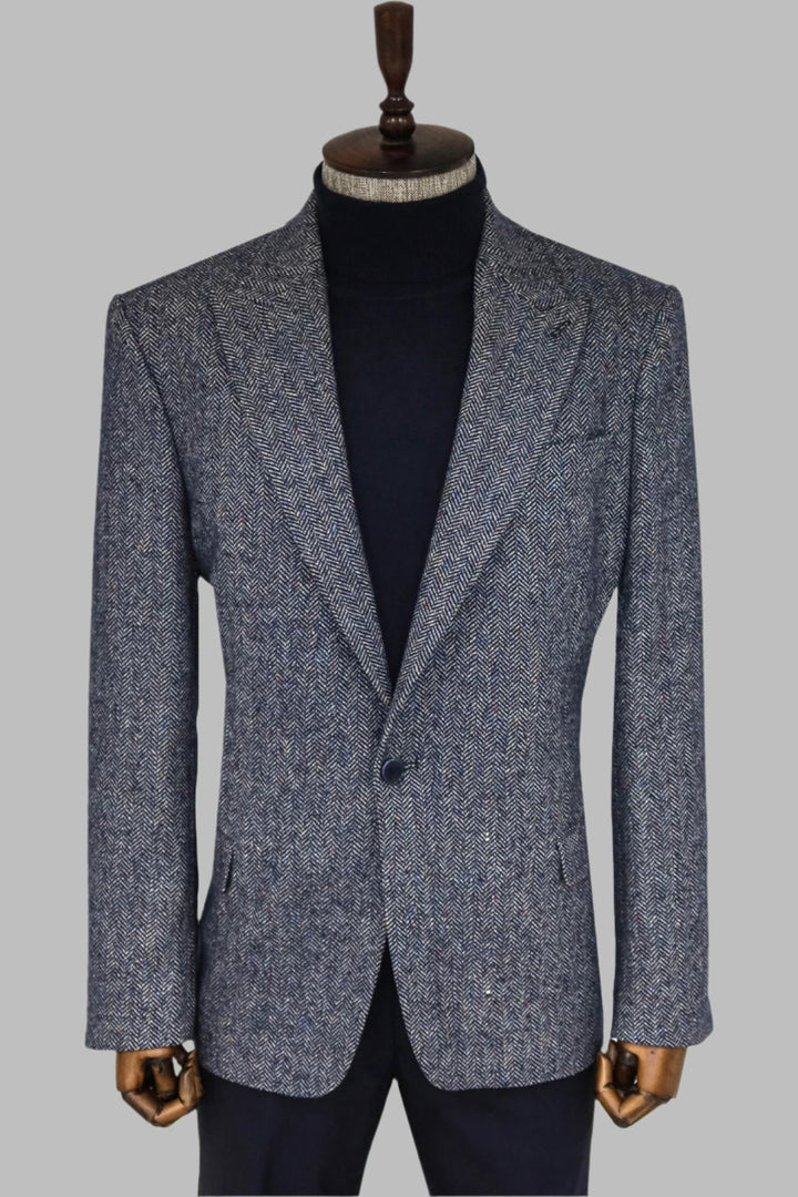 WSS Houndstooth Pattern Wool Blue Men Blazer  - Singen