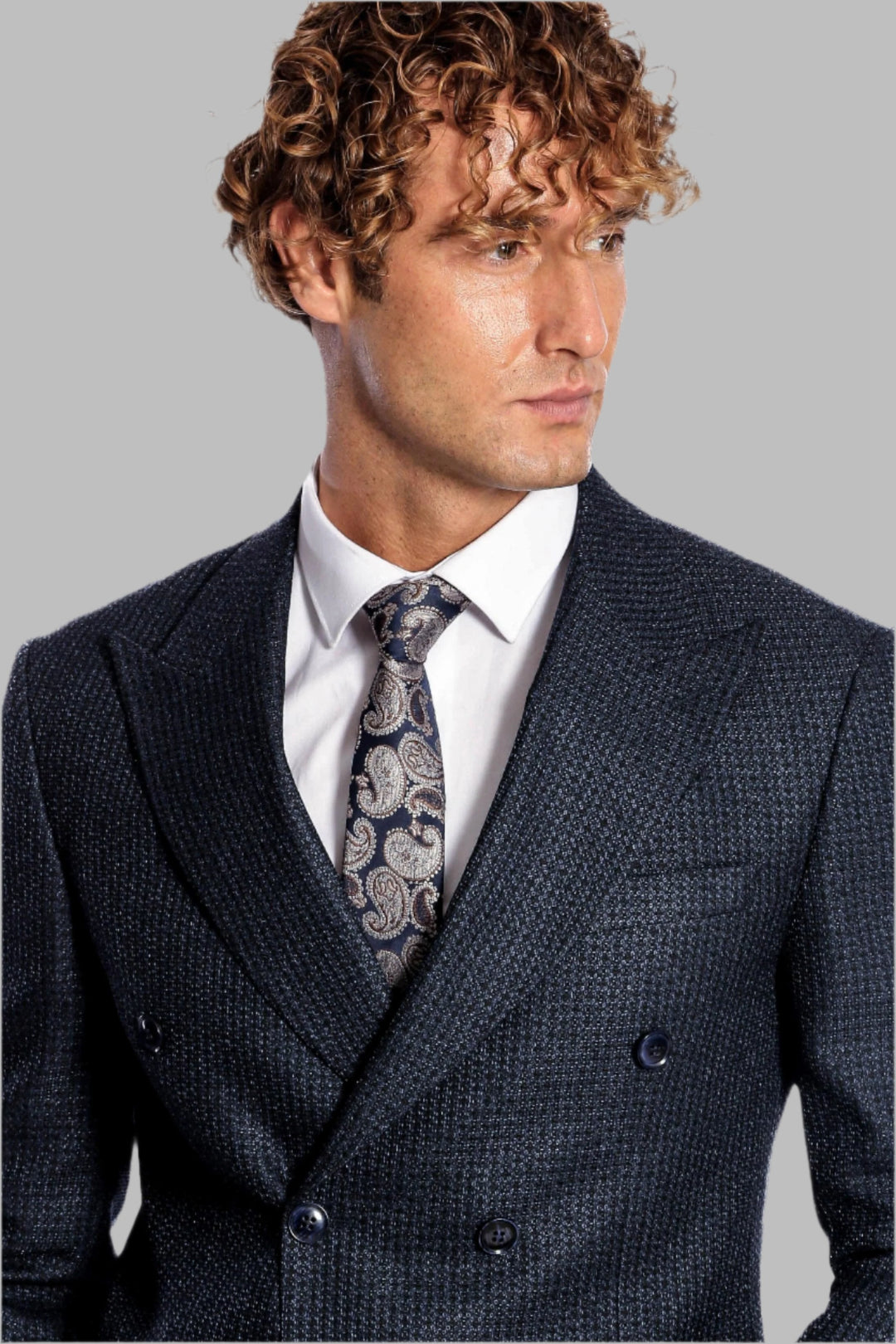 WSS Houndstooth Patterned Navy Blue Men Double Breasted Blazer  - Singen