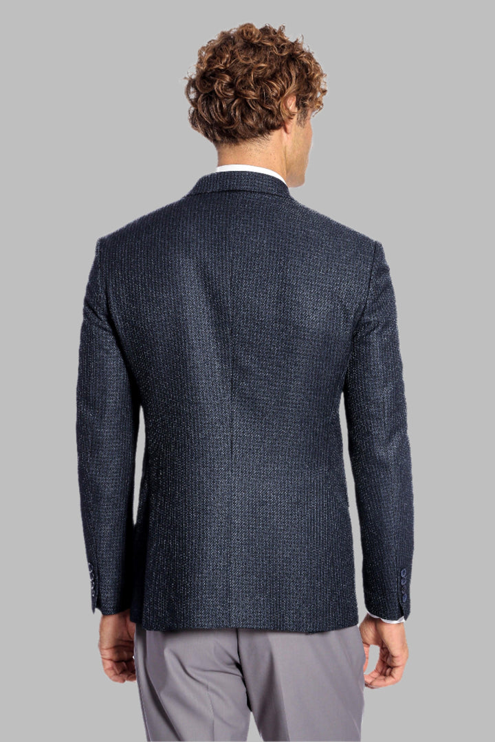 WSS Houndstooth Patterned Navy Blue Men Double Breasted Blazer  - Singen