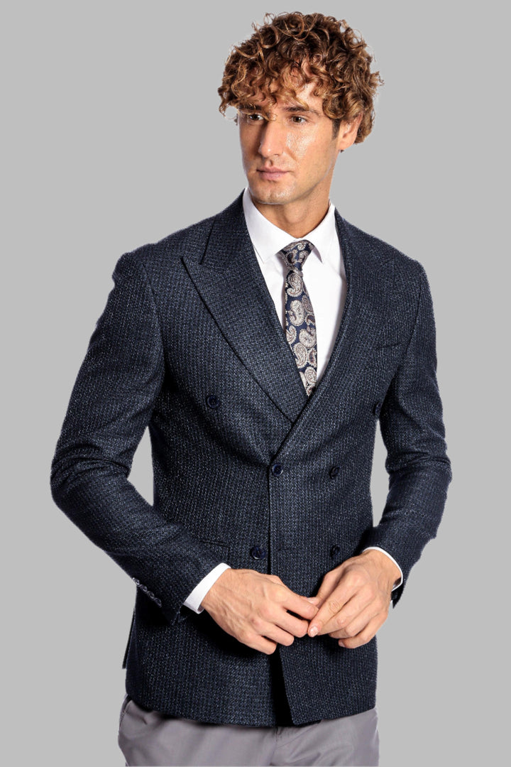 WSS Houndstooth Patterned Navy Blue Men Double Breasted Blazer  - Singen