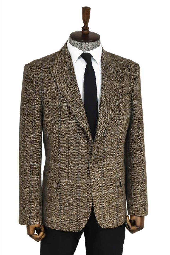 WSS Herringbone Slim Fit Wool Brown Men Blazer  - Singen