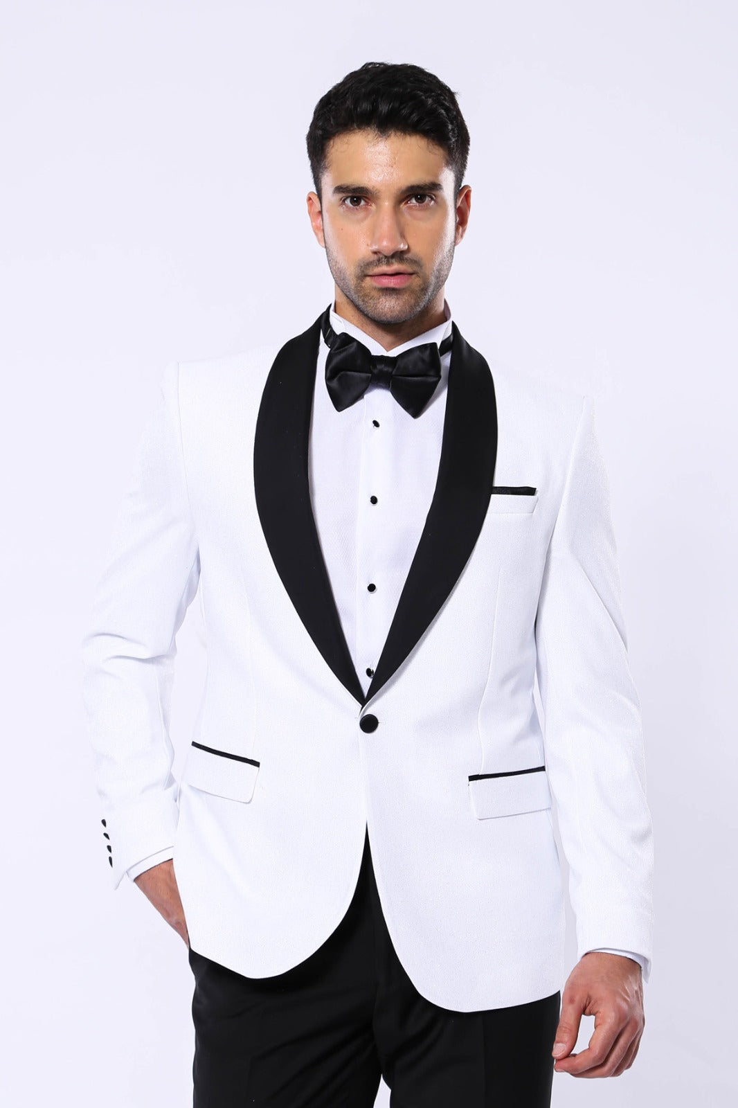 WSS Slim Fit Shawl Lapel Shiny White Men Prom Blazer - Singen