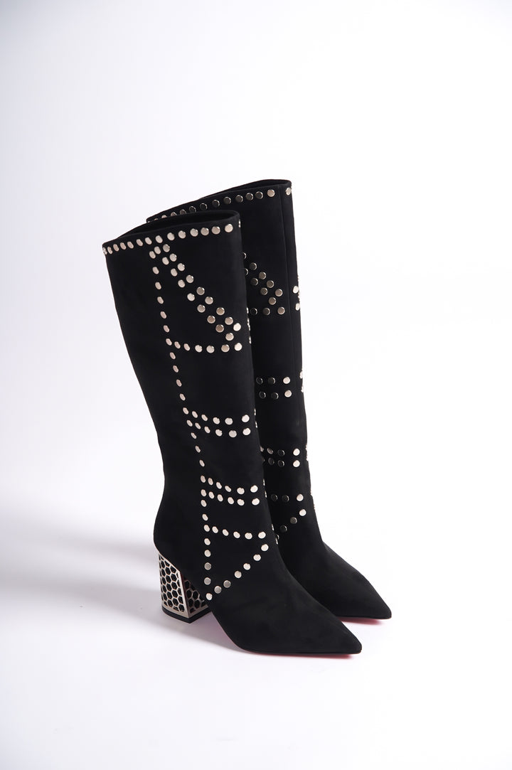 DSM Fridom black suede low heel women's boots with stud details - North Port