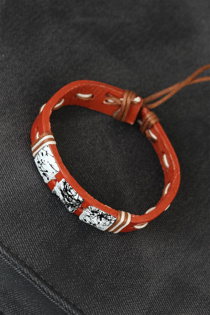 EBJ Brown Leather Bracelet with Marble Stone - Oraiókastro