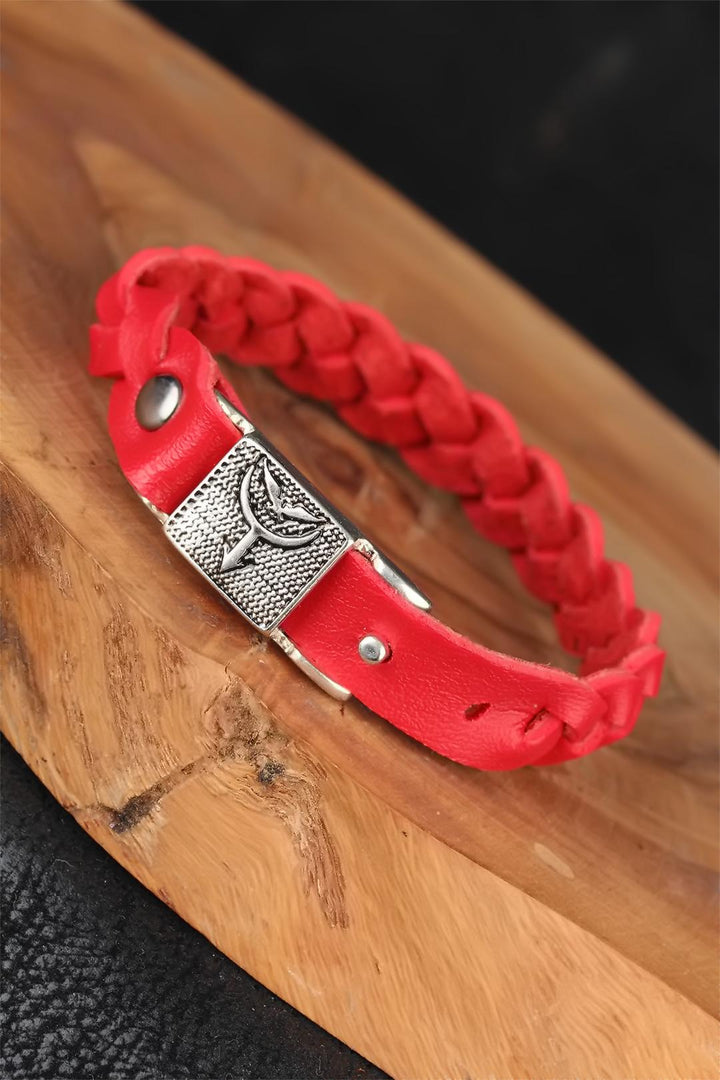 EBJ Red Color Knitted Pattern Leather Men's Bracelet with Metal Accessories - Zacatepec