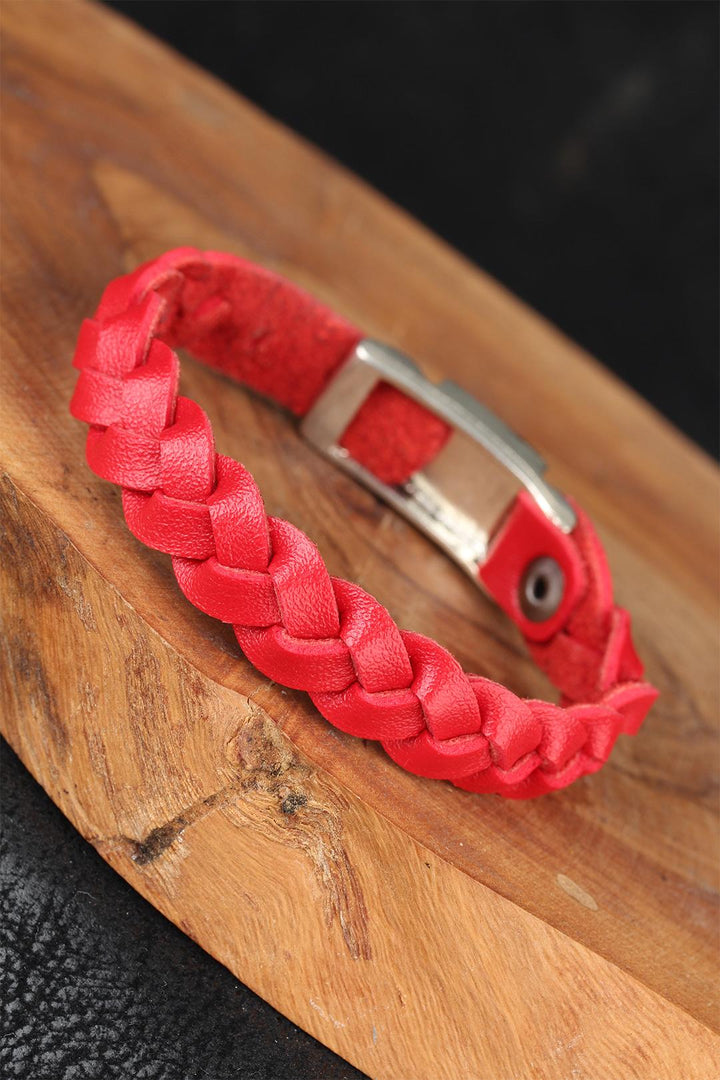 EBJ Red Color Knitted Pattern Leather Men's Bracelet with Metal Accessories - Zacatepec