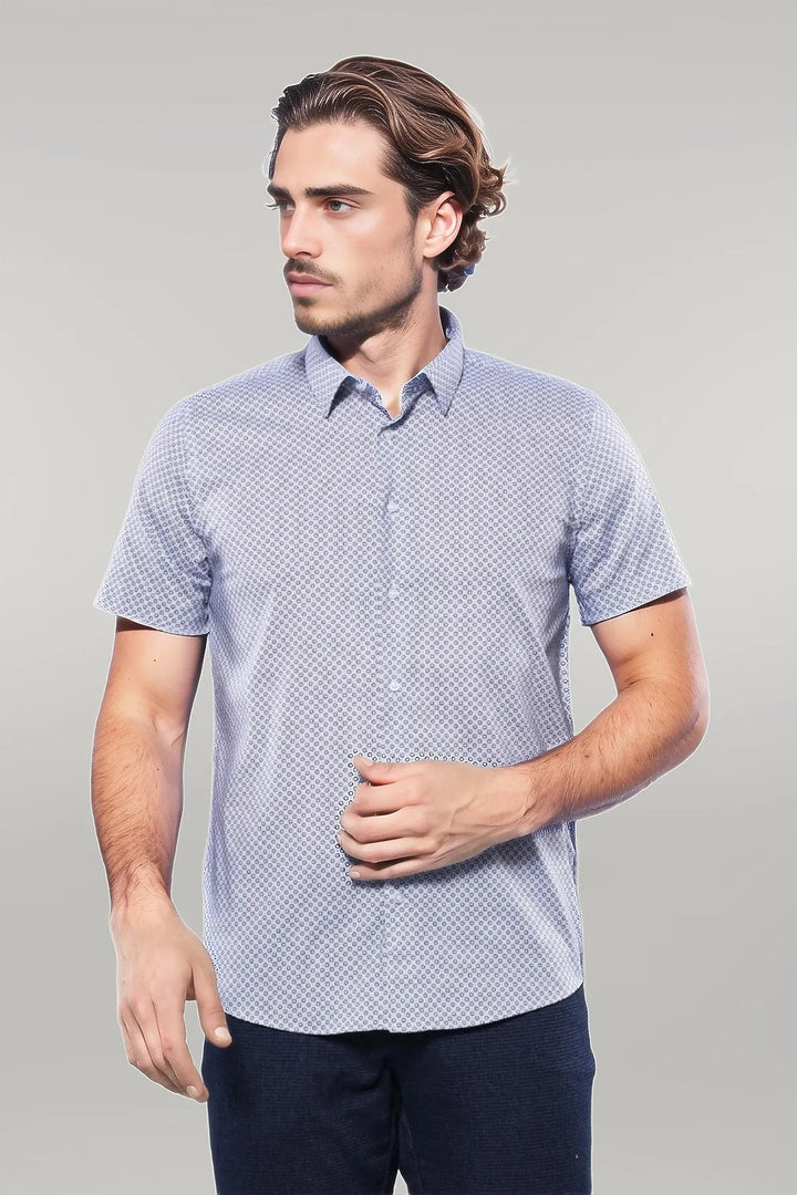 WSS Patterned Short Sleeve Blue Men Shirt  - Singen