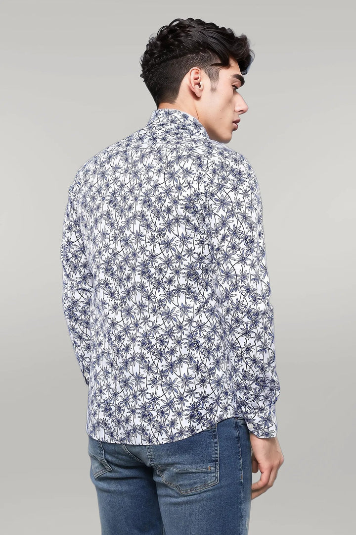 WSS Blue Floral Patterned Long Sleeve White Men Shirt  - Singen