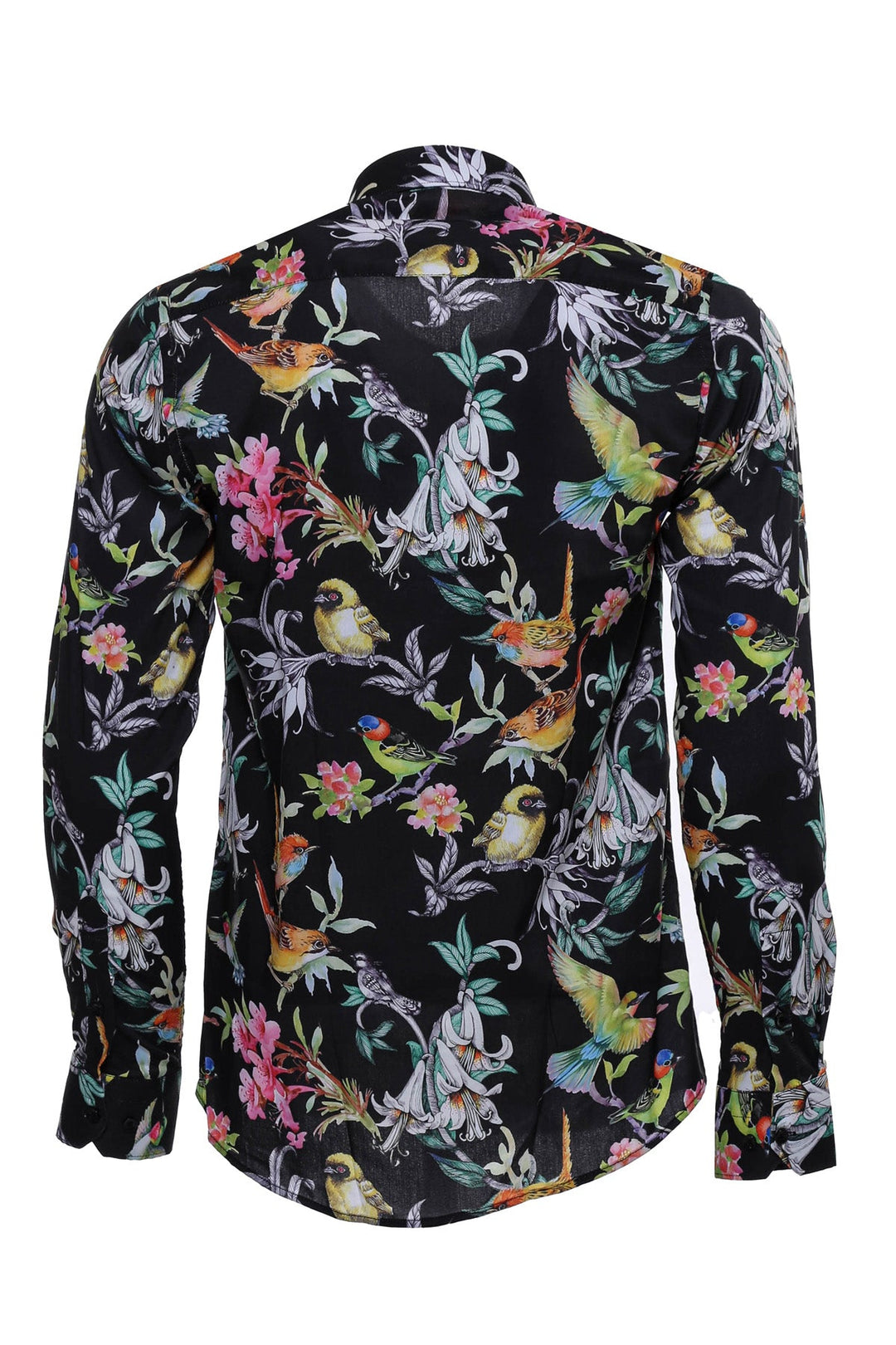 WSS Birds And Flowers Patterned Slim Fit Long Sleeves Black Men Shirt  - Singen