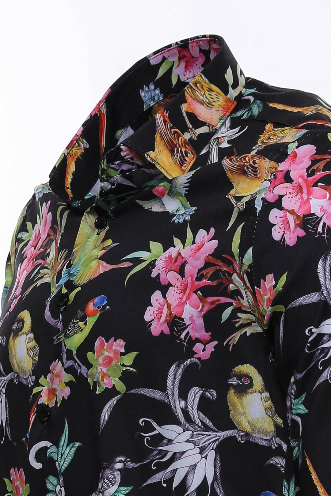 WSS Birds And Flowers Patterned Slim Fit Long Sleeves Black Men Shirt  - Singen