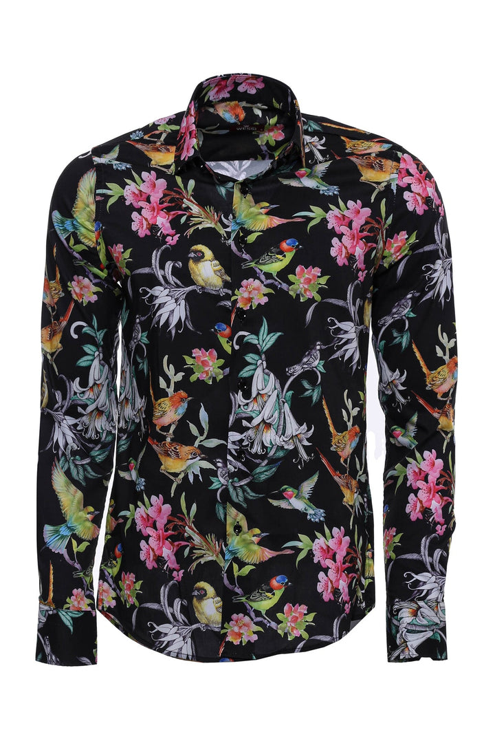 WSS Birds And Flowers Patterned Slim Fit Long Sleeves Black Men Shirt  - Singen