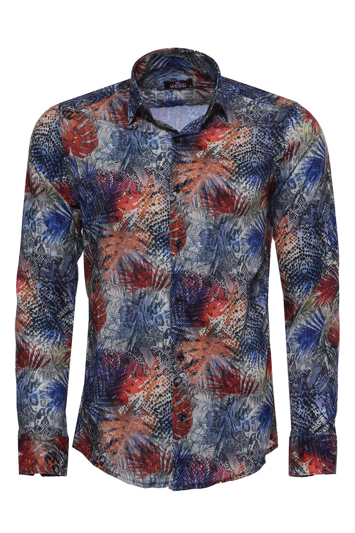 WSS Red Leaf Patterned Navy Blue Men Shirt  - Singen