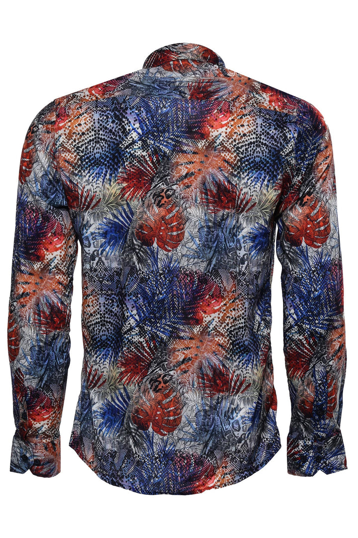 WSS Red Leaf Patterned Navy Blue Men Shirt  - Singen