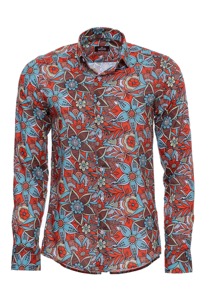 WSS Blue Floral Slim-Fit Long Sleeve Red Men Shirt  - Singen