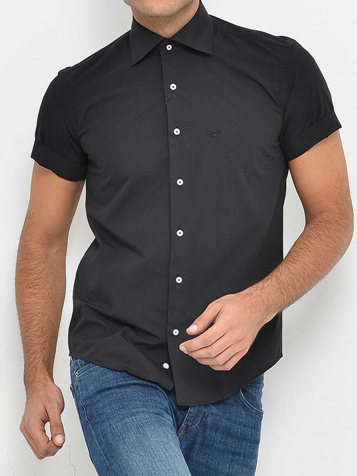 WSS Short Sleeves Cotton Black Men Shirt  - Singen