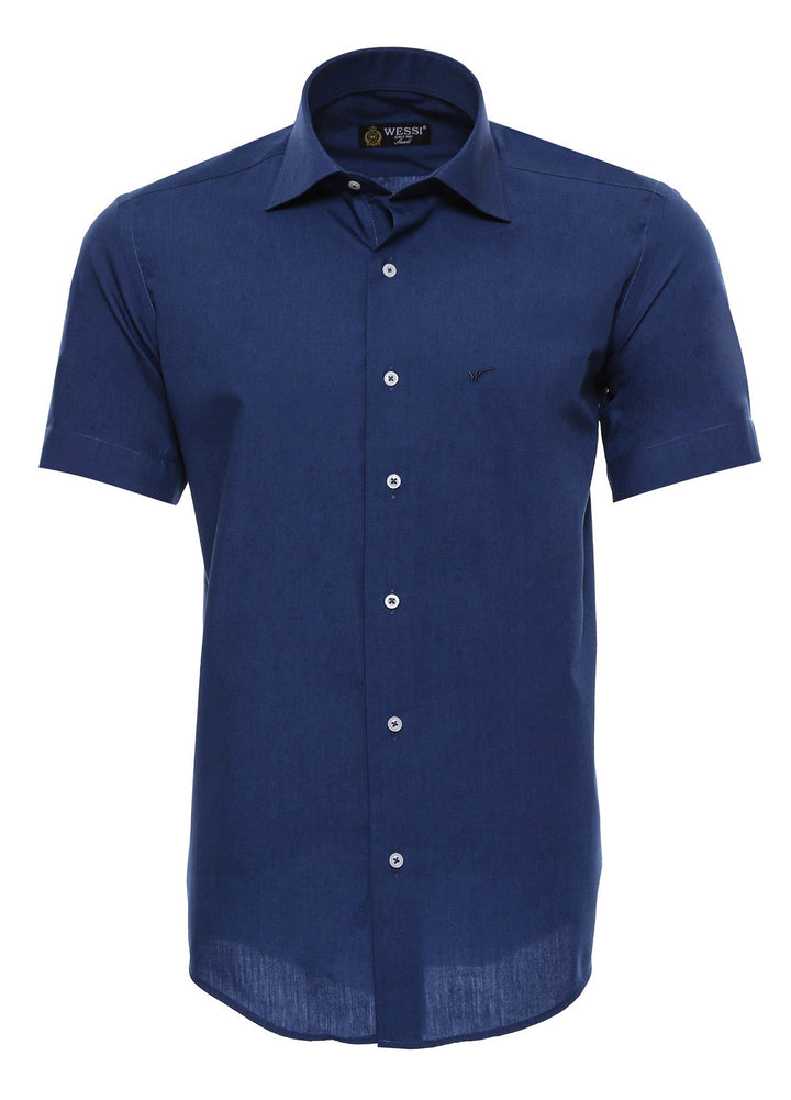 WSS Slim Fit Short Sleeve Poly Cotton Navy Blue Men Shirt  - Singen