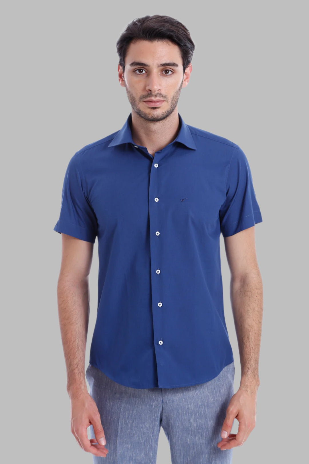 WSS Slim Fit Short Sleeve Poly Cotton Navy Blue Men Shirt  - Singen